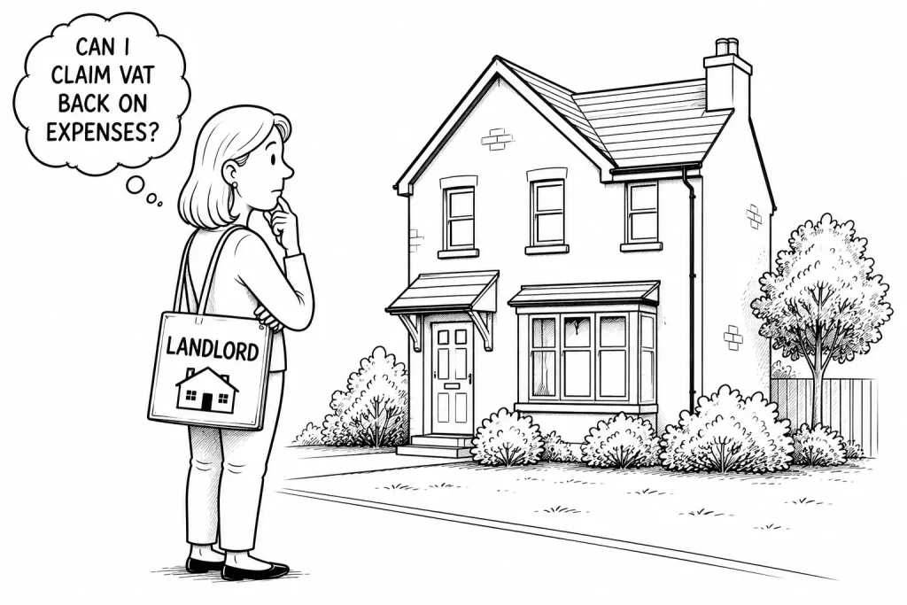 Black and white cartoon of a UK woman landlord asking whether she can claim VAT back on rental property expenses.
