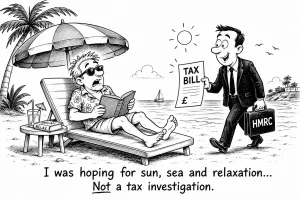Black and white cartoon of a holidaymaker on a beach being handed a tax bill by an HMRC official.