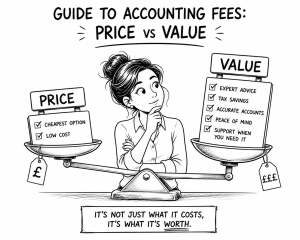 Black and white line-art illustration of a businesswoman comparing accountant fees by weighing price against value on a balance scale.