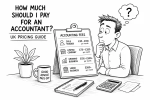 Black and white cartoon showing a business owner comparing UK accountant pricing and accounting fees