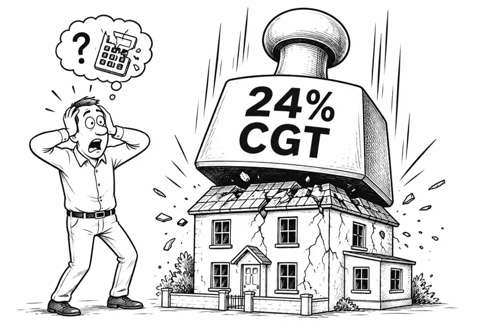 Black and white line art sketch of a stressed UK landlord calculating capital gains tax liability on a residential property sale.
